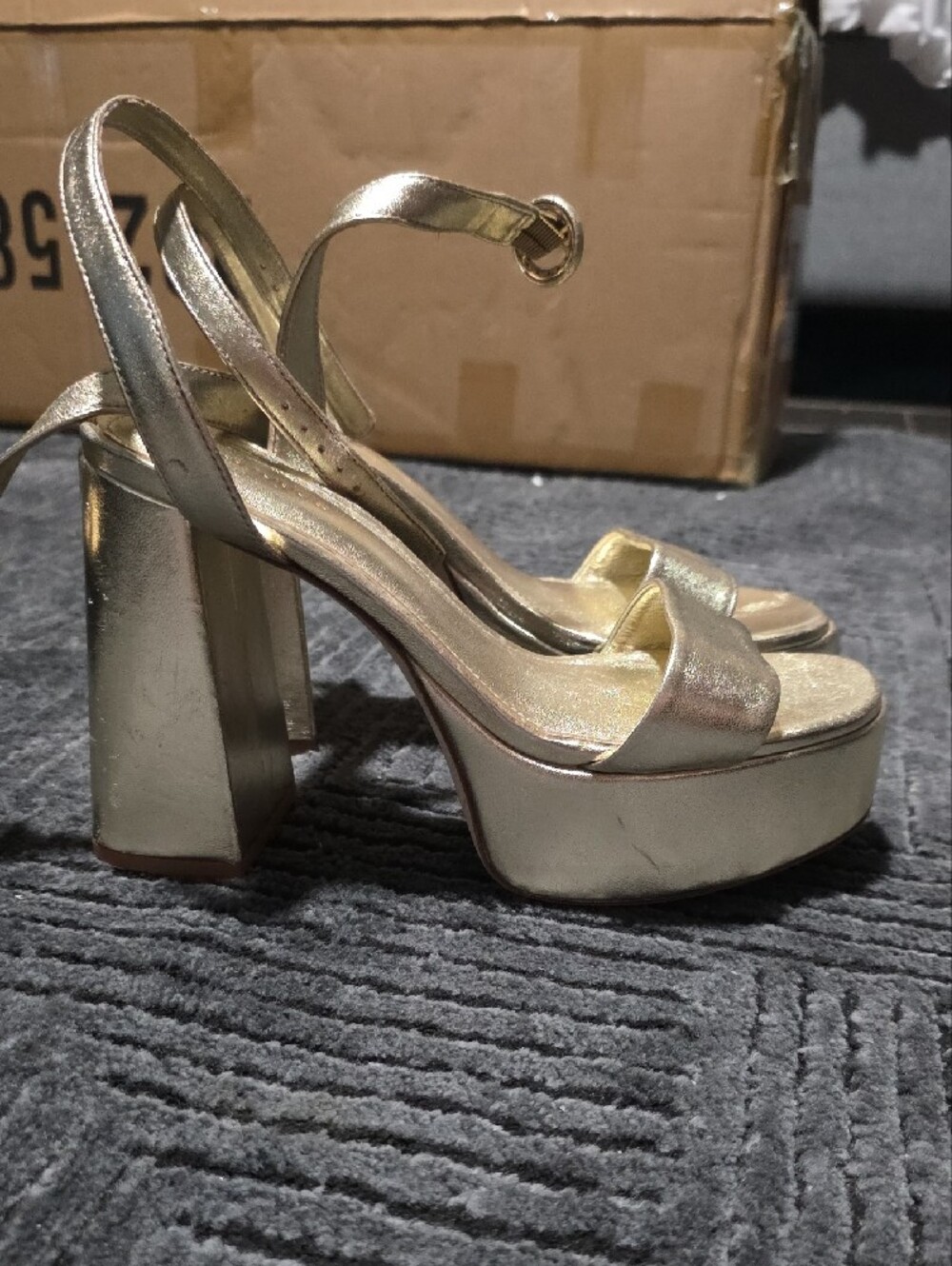 Larroude Metallic Gold Platform Heeled Sandals with Ankle Strap - Picture 5 of 12